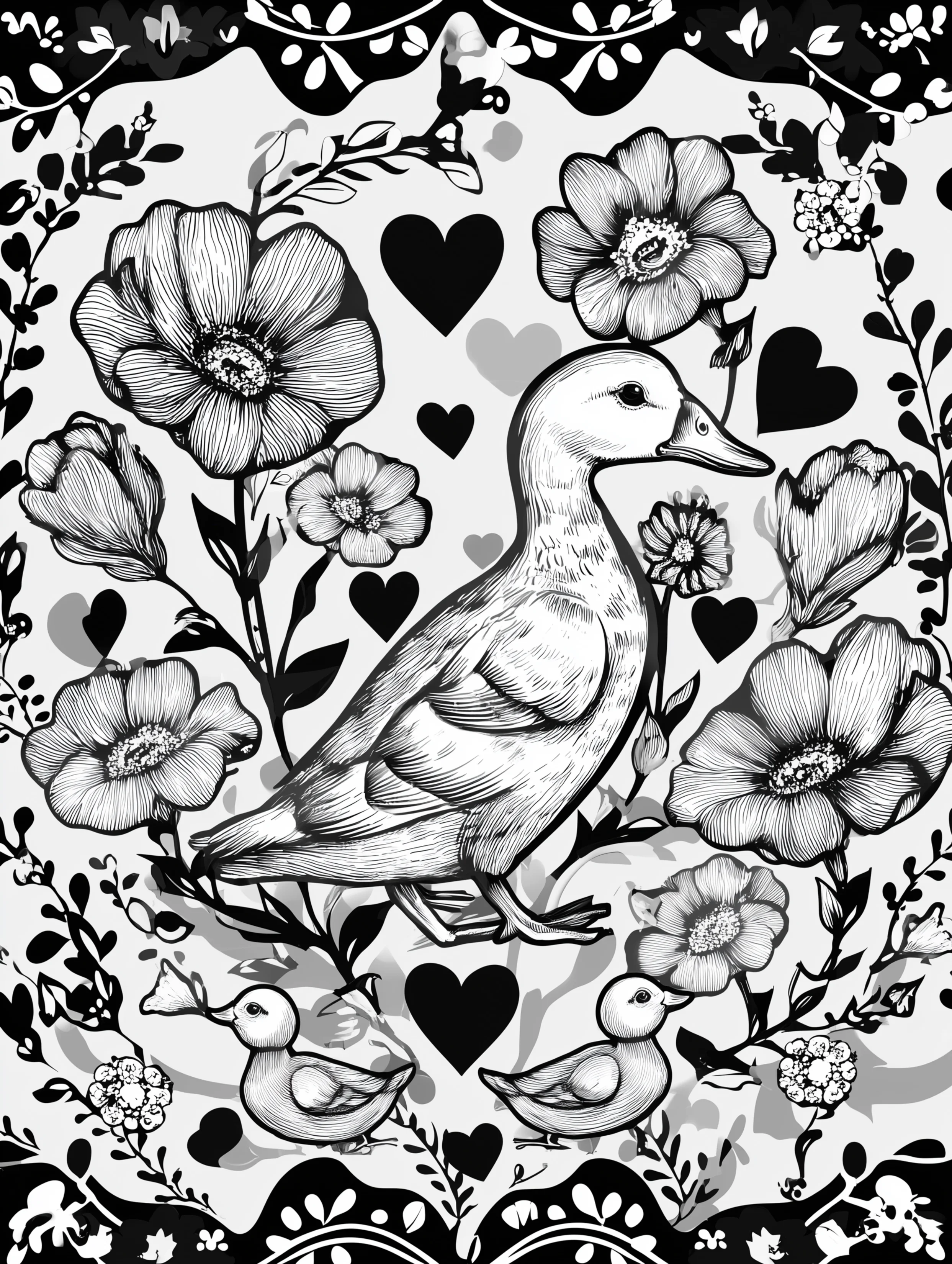 Free printable duck coloring page for adults featuring a duck looking right with ducklings